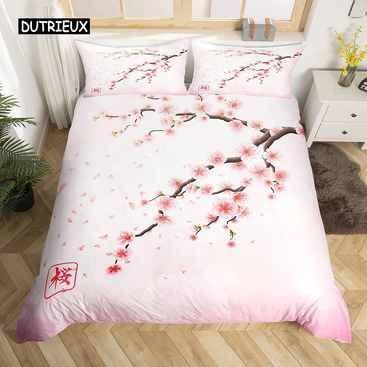 Cherry Blossoms Duvet Cover Set King Japanese Style Romantic Theme Pink Comforter Botanical Floral Printed Quilt