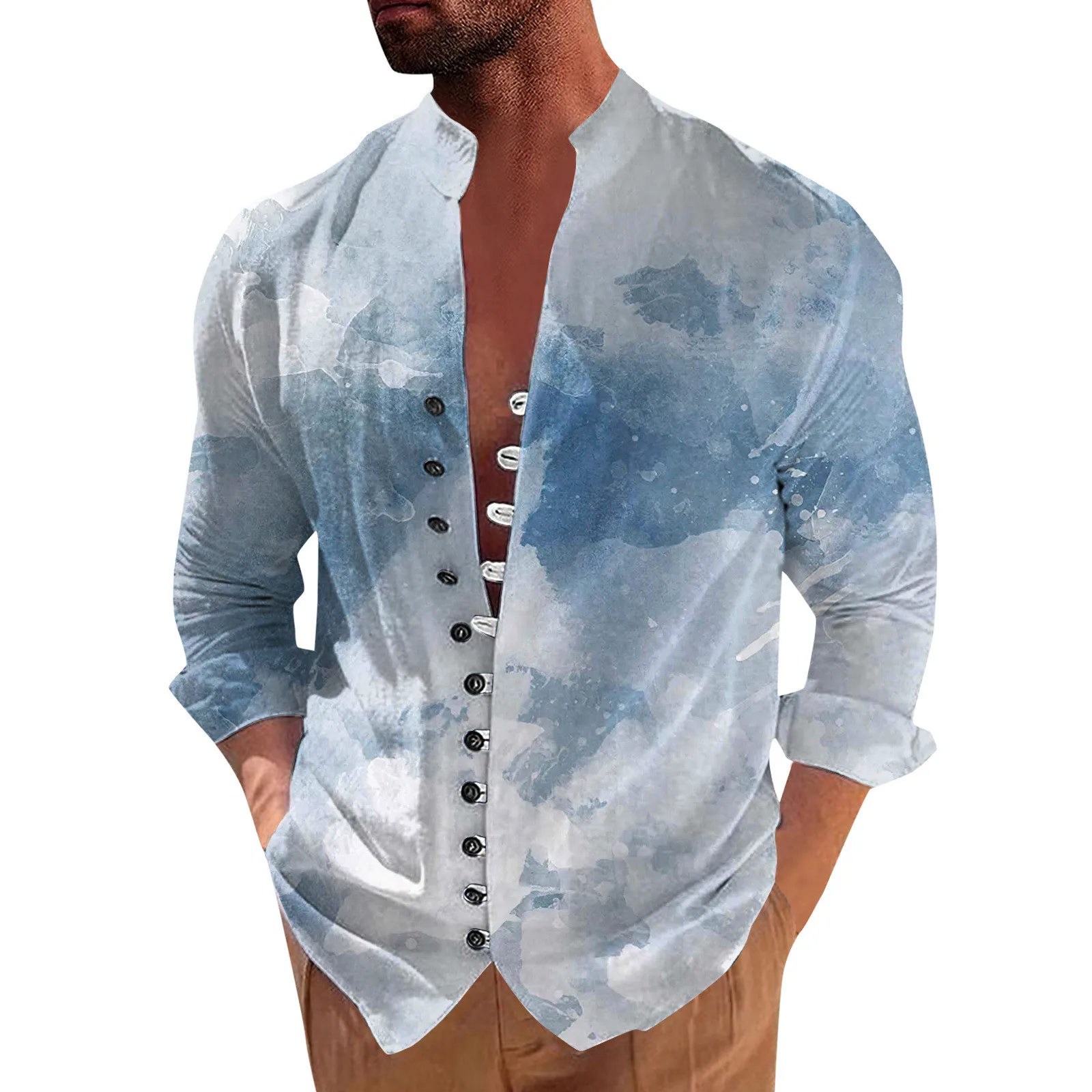 

Men'S Shirts Fashion Casual Solid Stand Neck Button Solid Shirt Long Sleeve Camisa Social Dress Shirt Handsome Men Streetwear