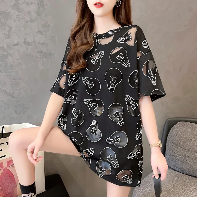 

DAYIFUN Black White Hip Hop T Shirt Women Spliced Gauze Hollow Out Sexy Casual Streetwear Tshirt Loose Harajuku Female Tees