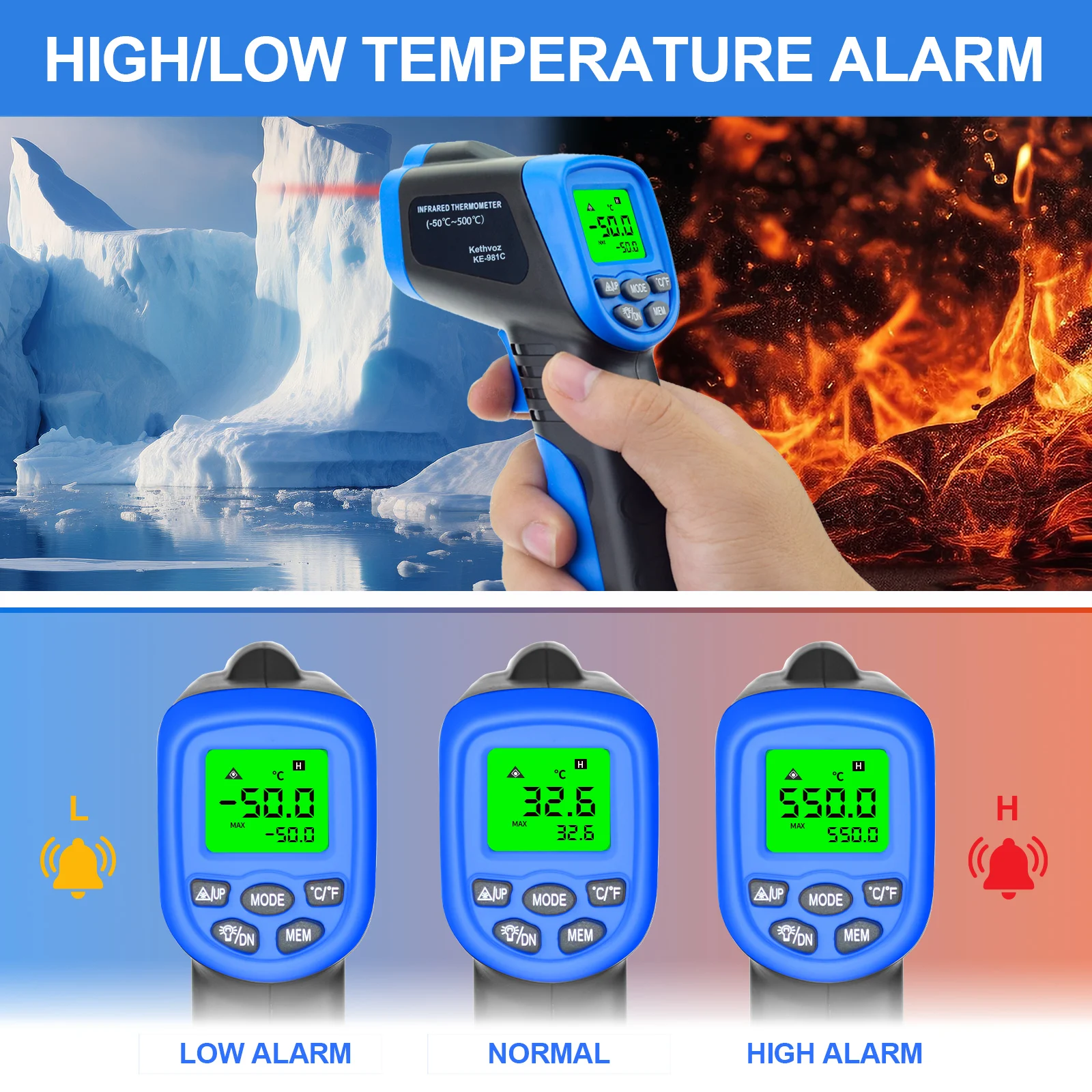 Фото Инфракрасный термометр HP-1600 -50°C ° C~1600 ° Двухлазерный измеритель эмиссии C 30:1 с регулируемой чувствительностью (MAX/MIN/DIF/AVG) и сигнализацией для промышленных печей №3