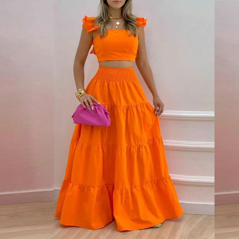 

Elegant Women's Set Short Top+Long Skirt 2 Piece Combination 2023 Summer Solid Trendy Sexy Strap Half Lady DressSuit S-XXXL