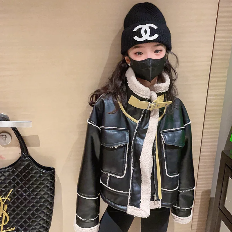 

Girls' British Leather Jacket 2022 Winter Fashionable Lamb Wool Coat Middle Aged Children's Fashionable Children's Clothes