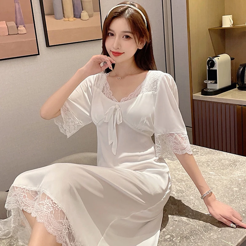 

Sexy nightdress women's summer short-sleeved sweet girl lace hollow ice silk long skirt can be worn outside home clothes pajamas