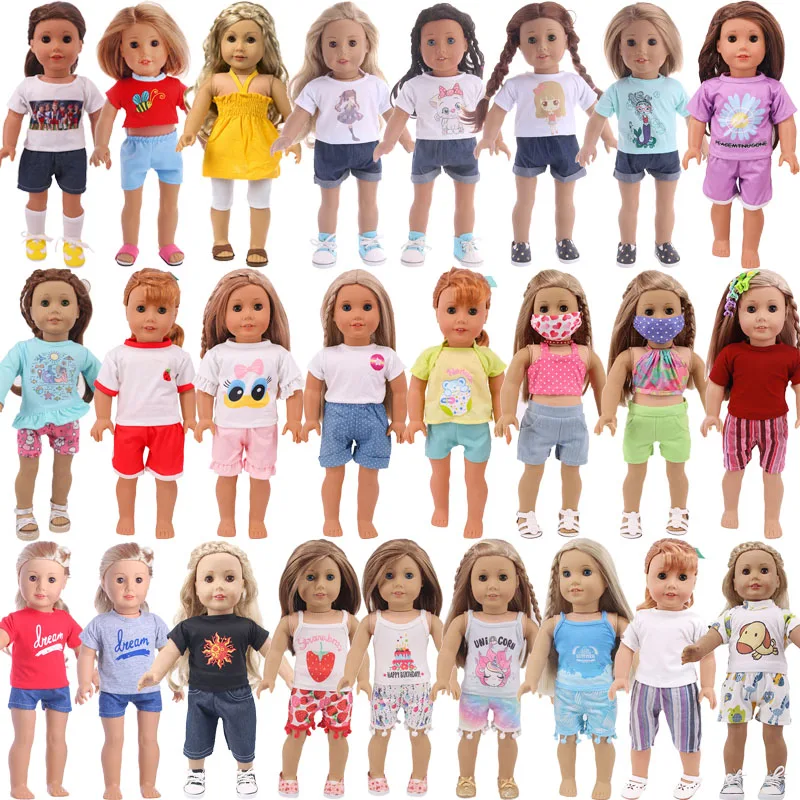 

25 стилей на выбор летний костюм из футболки и брюк подходит для 18-дюймовых американских кукол для девочек аксессуары для одежды, подарки для...