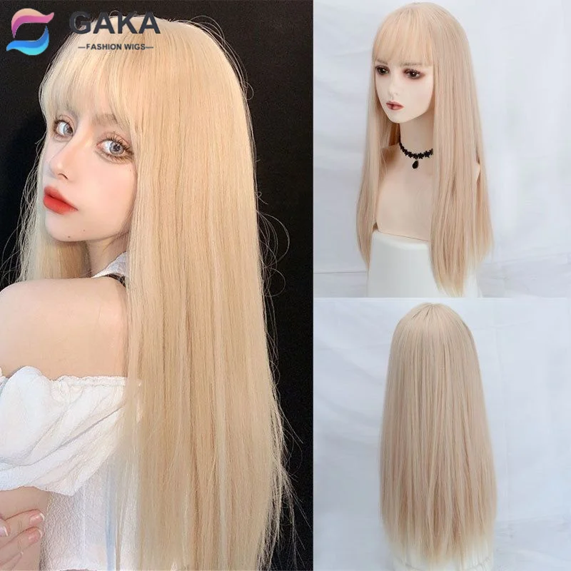 

GAKA Female Long Straight White Blonde Lolita Whole Girl Group Same Hair Color Jk Full Head Cover Style