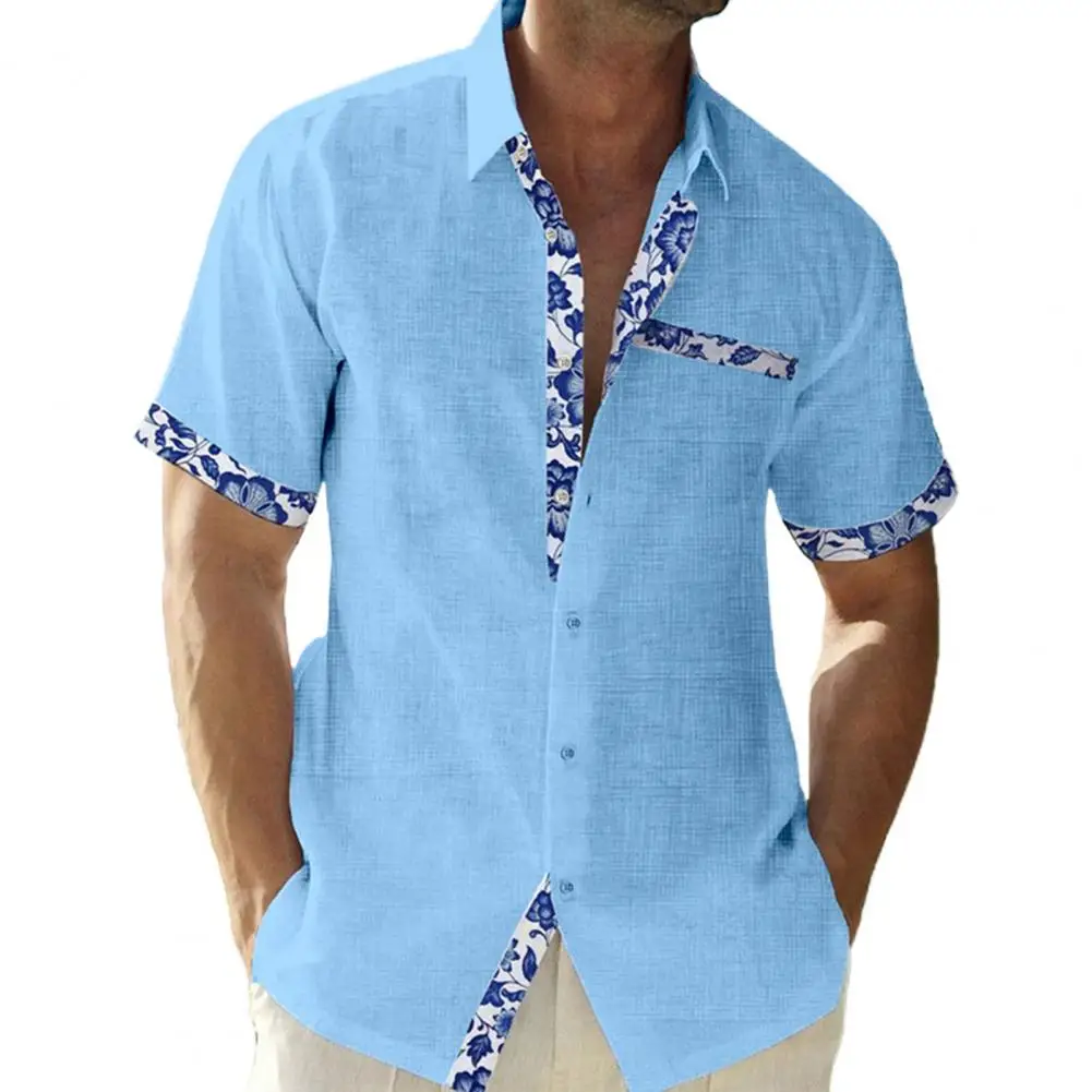 

Summer Men Shirt Top Lapel Short Sleeve Floral Print Patchwork Single-Breasted Thin Hawaiian Beach Casual Shirt Streetwear