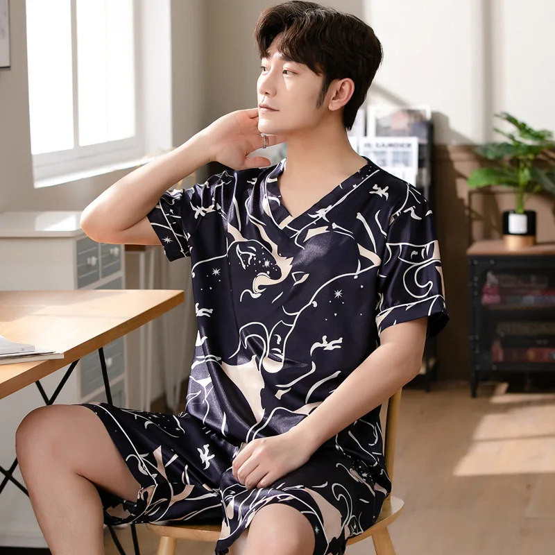 Pajamas for Men Summer V-neck Short-sleeved Pijama Simple Casual Home Wear Plus Size Sleepwear Two-piece Ice Silk Man Pajama