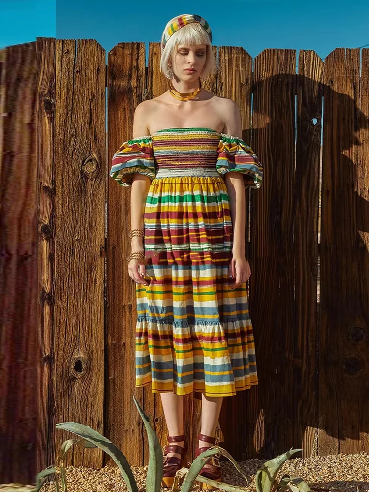 

Sexy Leaky Shoulder Flat Neck Retro Striped Print Elastic Tube Top Dress Ladies Summer New Fashion Loose Swing Puff Skirt