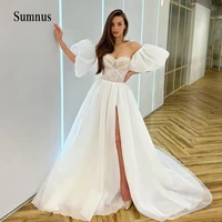 white organza a line wedding dresses beads sweetheart front split bridal gowns puffy sleeve princess bride dress lace up back