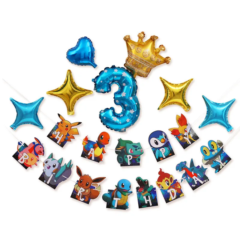 

Pikachu Pokemon Themed Party Supplies Children's Birthday Decoration Cartoon Banners Happy Birthday Pull Flag Balloons for Party
