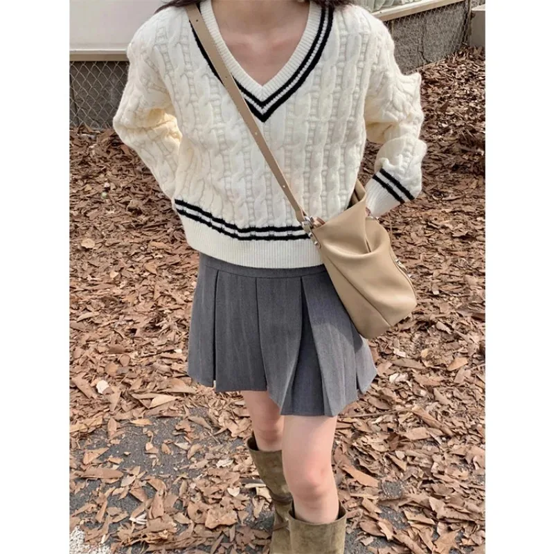 Весенне-осенний женский свободный повседневный пуловер с v-образным вырезом в