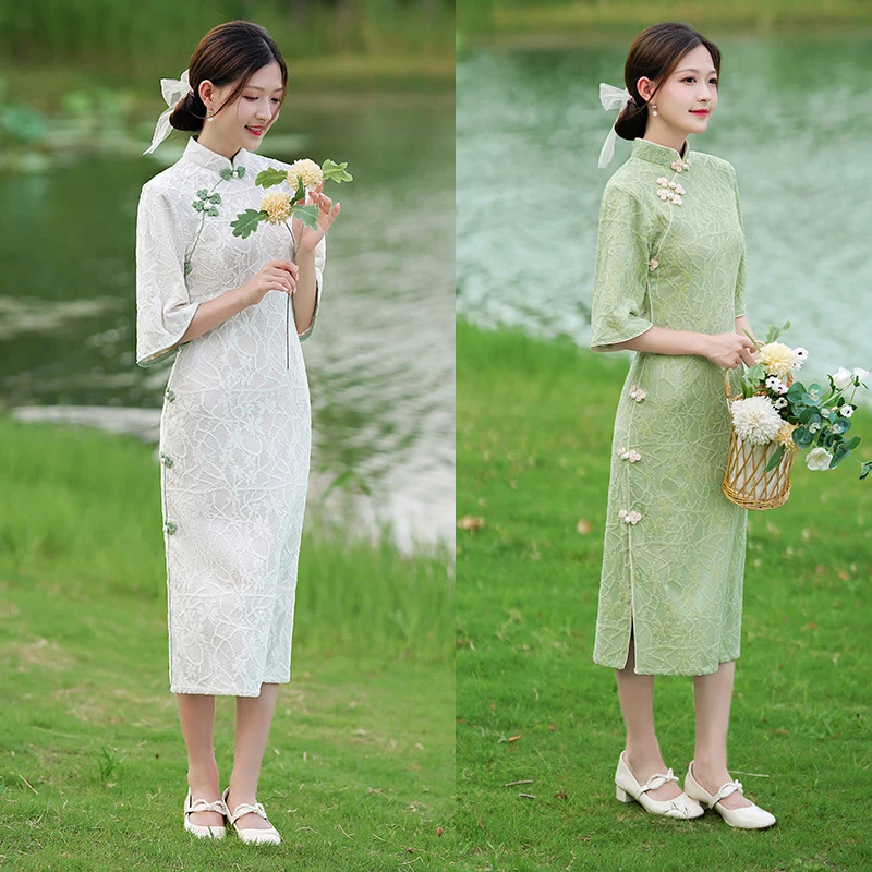 

Qipao Summer New Modern Cheongsam Women Chiffon Champagne Floral Short Sleeve Improve Dress Traditional Fashion Girl Sexy