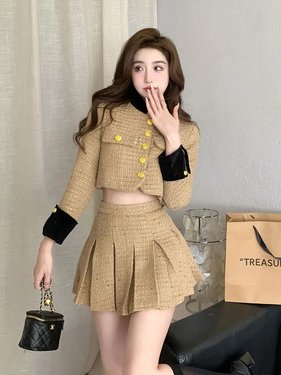 

Женский твидовый комплект из двух предметов, короткая куртка и плиссированная юбка с высокой талией для девушек на весну и осень