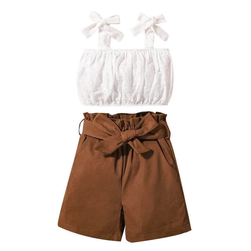 

Повседневный костюм для маленьких девочек, однотонный кружевной топ на бретельках без рукавов + шорты с оборками + пояс