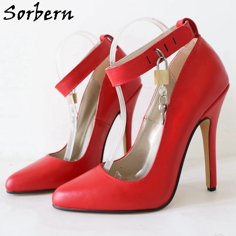 

Sorbern 14Cm High Heel Women Pump Shoes Sissy Boy Ankle Straps With Lock Pointed Toe Real Leather Red Matt Evening Party Shoe