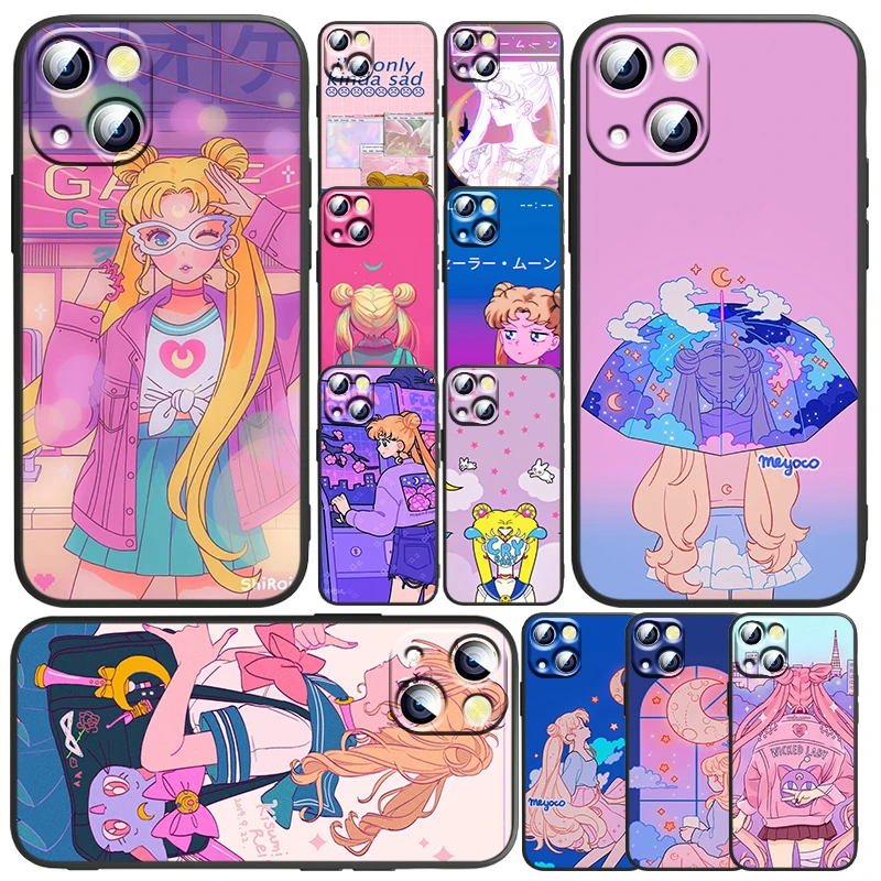 

Cute Sailor Moon Girl For Apple iPhone 13 12 11 mini 8 7 6 5 XS XR X SE 2020 Pro Max Plus Black Phone Case Funda Capa
