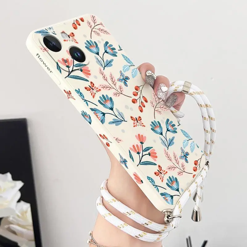 

Sunrise Floral Crossbody Lanyard Silicone Phone Case For iPhone 14 13 12 11 Plus Pro Max Mini X XR XS SE2020 8 7 6 6S Plus Cover