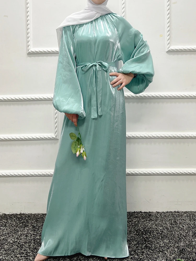 

Elegant Maxi Dress for Women Summer 2022 New Loose Solid Middle East Arab Muslim Belted Robe Stand Collar Long Sleeve