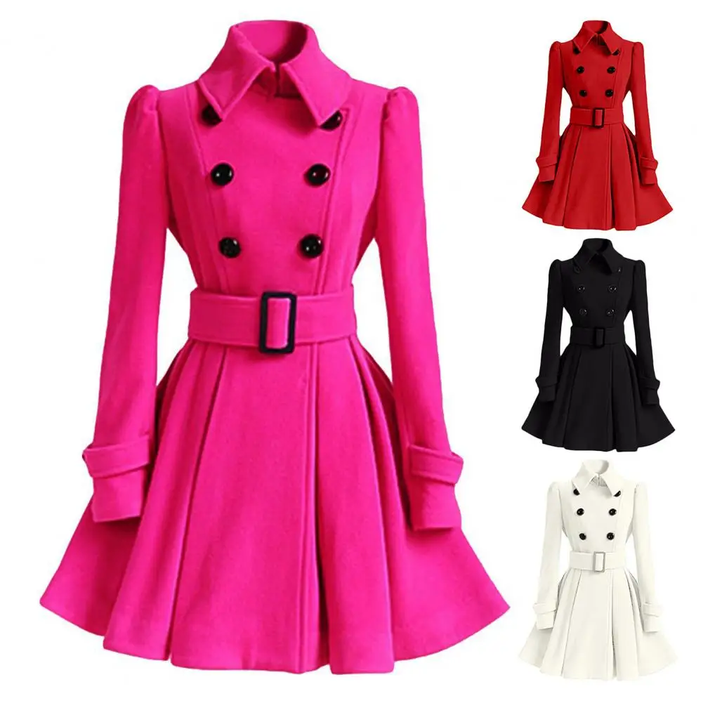 

Elegant Women Winter Coat Belt Lady Winter Coat Double-breasted Thermal Buttons Lady Winter Coat