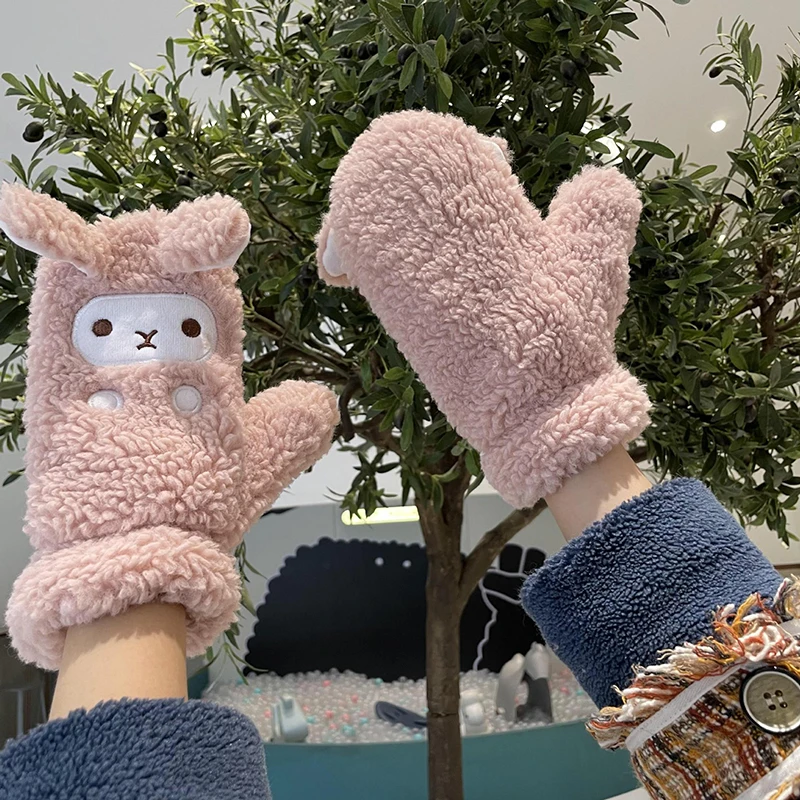 

Plush Velvet Thicken Cute Cartoon Women Girl's Mittens Korean Winter Outdoor Sports Halter Female Glove Keep Warm Cycling Riding