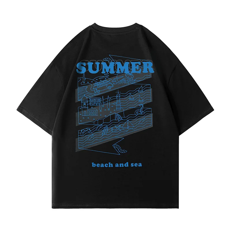 

Men's T-Shirt Summer Japanese Short-Sleeved Tshirt Cotton Half-Sleeved Letter Stripes Beach And Sea Print Tees Black White