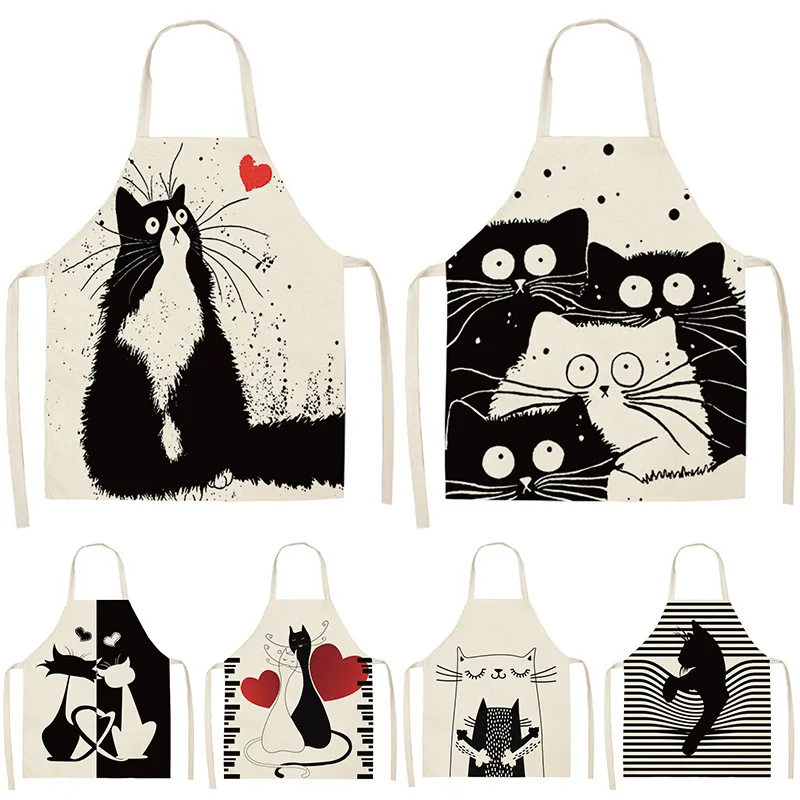 

Cat Printed Kitchen Utensils Black Unisex 55*68cm Sleeveless Cotton Linen Household Delantal antiincrustante delantal