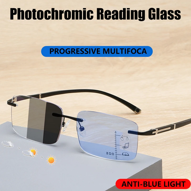 

HUYING Progressive Multifocal Photochromic Reading Glasses Men Rimless Cutting Anti-Blue Ray Business Eyewear Spectacles +2.5