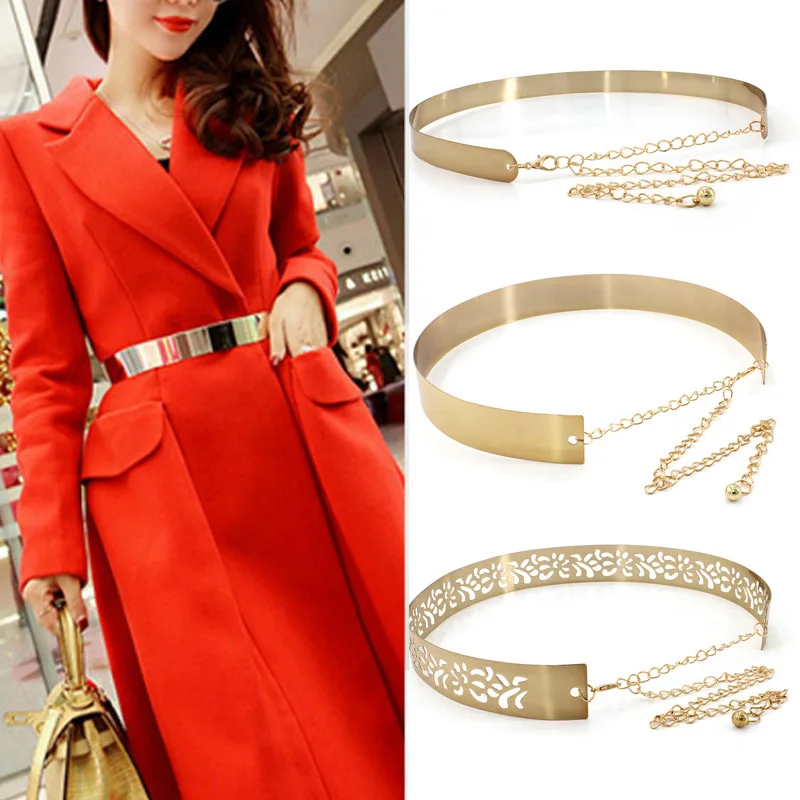 

Fashion Women Adjustable Metal Waist Belt Bling Gold Silver Color Plate Vintage Lady Simple Chains Belts Mirror Waistband 2022