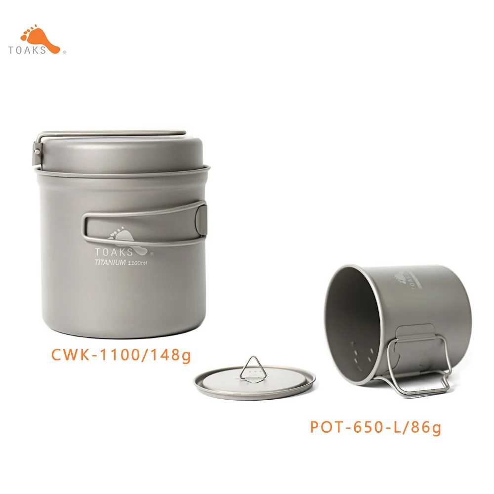 

TOAKS Titanium CKW-1100&POT-650-L Outdoor Camping Pan Ultralight Cup Hiking Cookware Picnic Bowl Pot Pan Set with Folded Handle