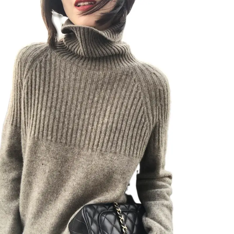 

100% Pure Wool Sweater Women's High Collar Loose Pullover Autumn Winter Lazy Wind Casual Wild Jumper Large Size Was Thin