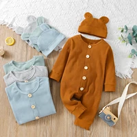autumn baby boys girls jumpsuits hat 2pcs clothing solid long sleeve single breasted rompers