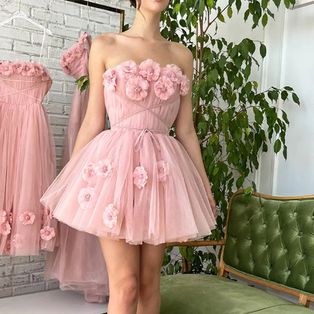 Купи Fairy Style Pink Short Cocktail Dresses 3D Hand Made Flower A Line Backless Mini Party Dress Strapless Prom Homecoming Gowns за 5,016 рублей в магазине AliExpress