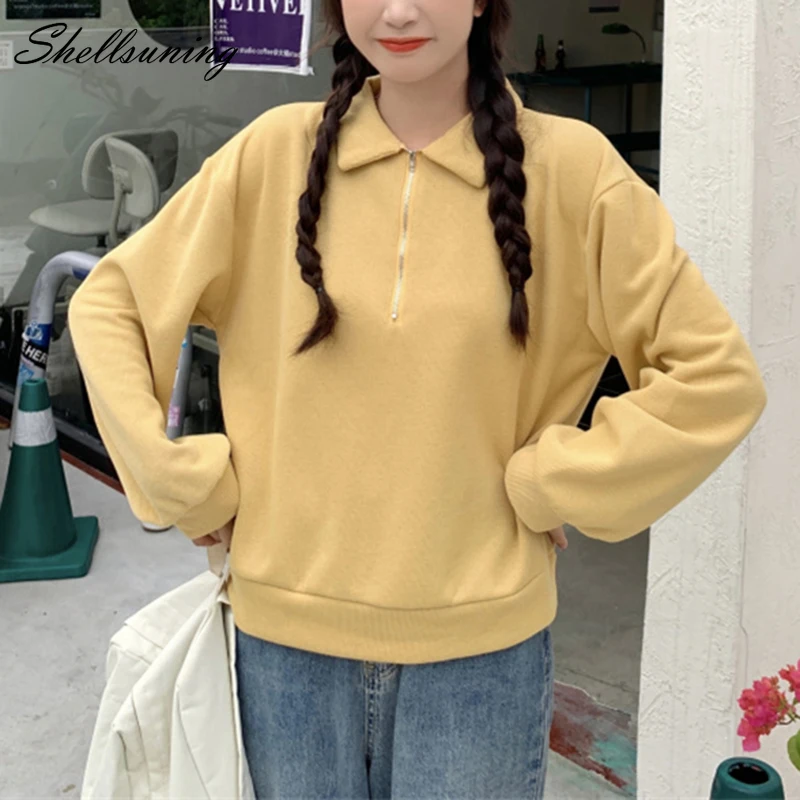 

Shellsuning Oversized Chic Zipper Polo Collar Sweatshirt Women Autumn Loose Trendy Solid All-match Pullover Female Simple Jumper