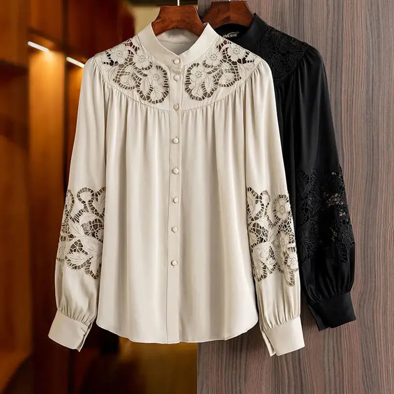 

Black Button Up Shirt Women Spring Autumn Fashion Hollow Out Lace Floral Embroidery Long Sleeve Blouse Woman Vintage Loose Tops