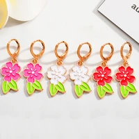 2pairs womens earrings enamel pink safflower green leaf pendants sweet cute girls circle unusual earrings jewelry gift sets ins