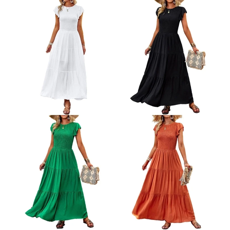 

Женское длинное платье с круглым вырезом, летнее платье-трапеция для путешествий, отпуска на море, юбка с оборками на рукавах, плиссированное свободное стильное платье