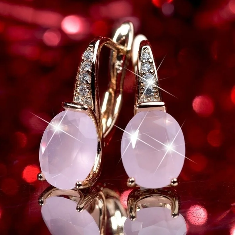 

Luxury Round Crystal Pink Stone Hoop Earrings for Women Bridal Wedding Dangle Earrings Anniversary Valentine's Day Gift Jewelry