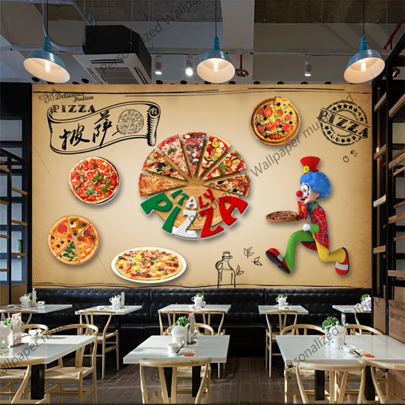 

Custom Cartoon Pizza Fast Food Clown Mural Wallpaper Fast Food Restaurant Snack Bar Background Wall Paper Papel De Parede 3d