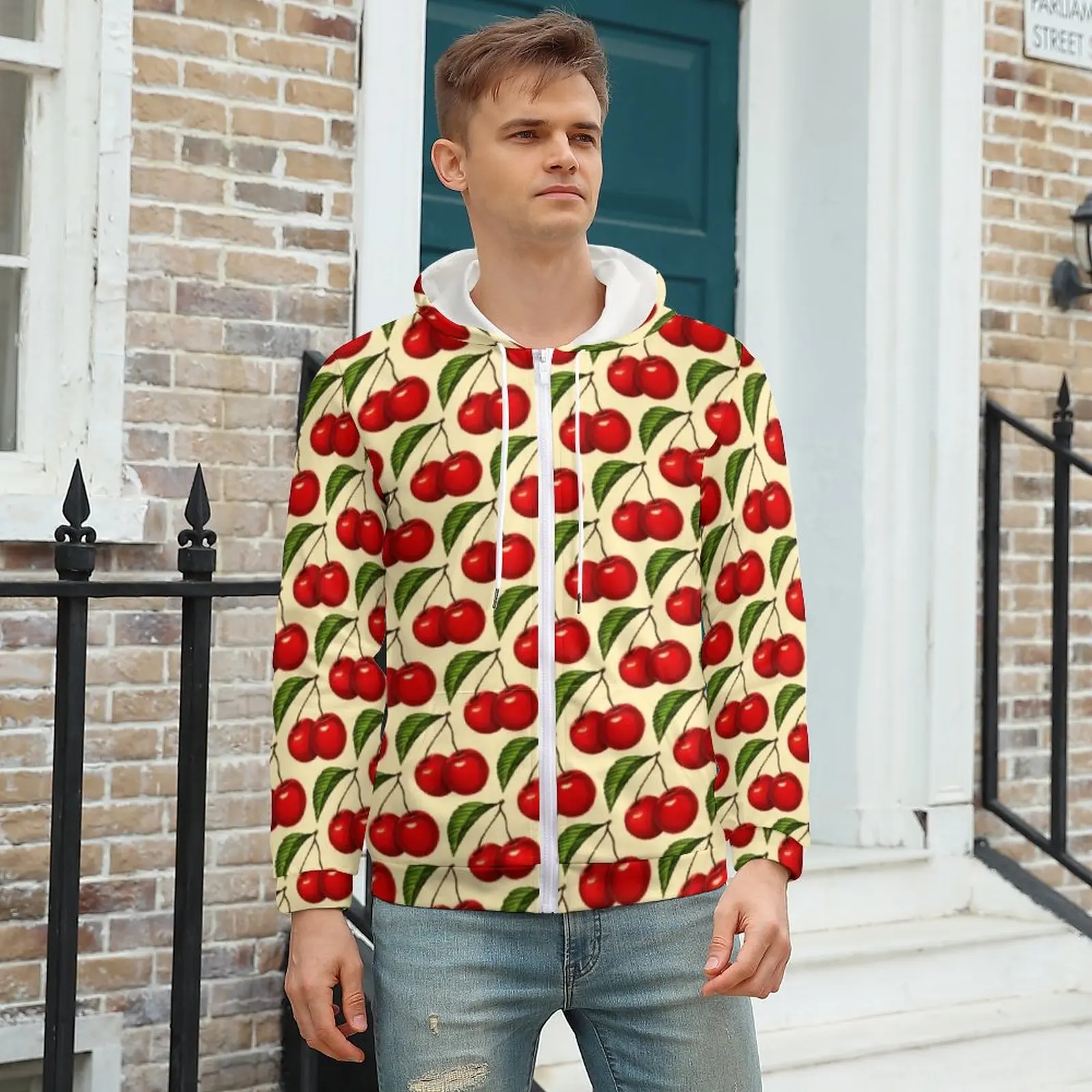 

Red Fruit Print Hoodie Cherry Pattern Casual Men Hoodies Men Warm Zip Up Hoodie Oversize