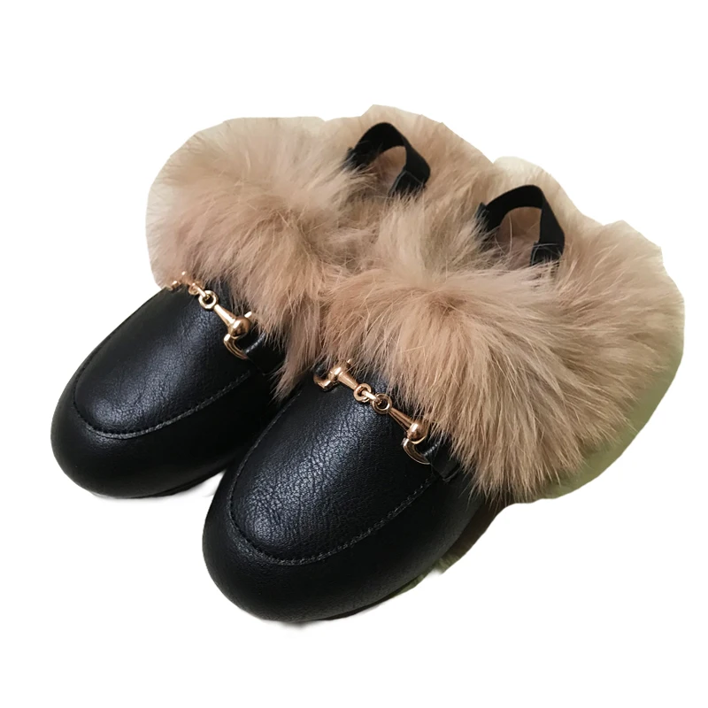 Winter Kids Fur Princess Shoes Baby Girls Brand Leather Slides Children Slip On Slippers Toddler Fashion Dress Flats Boys Shoes images - 6