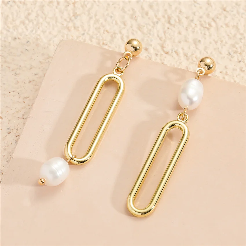 

Anslow Fashion Jewelry Simple Fresh Water Pearl Rectangle Geometry Gold Color Female Girl Earring Summer Style New Design