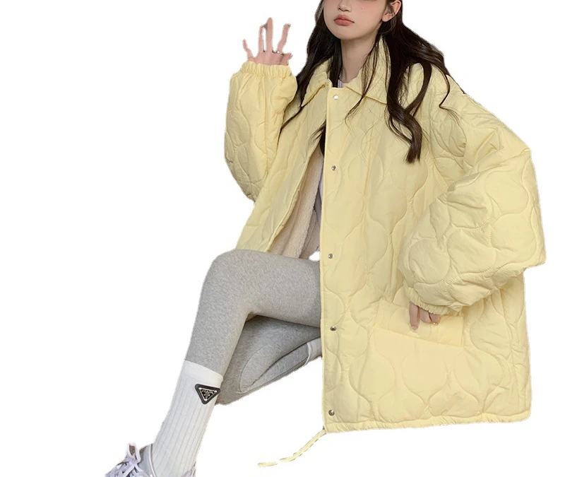 Solid Color Cotton Jacket Women 2022 Autumn Winter Long Sleeve Bread Sweet Overcoat Casual Loose Korean Women's Retro Lapel Coat