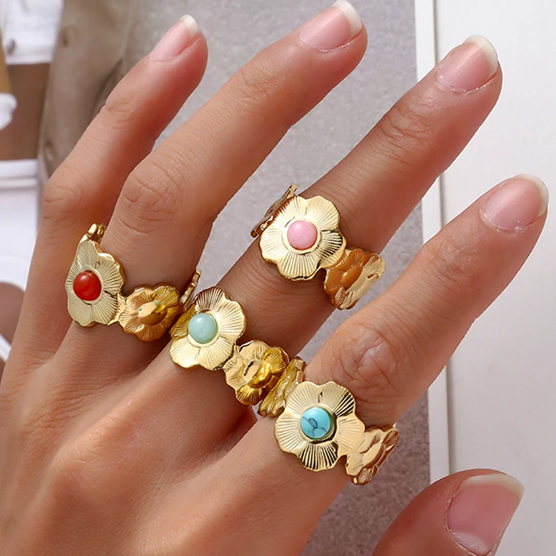 

Baroque Vintage Flower Colorful Zircon Inlay Rings for Women Men Stainless Steel Jewelry Fashion Wide Opening Ring Wedding Gifts