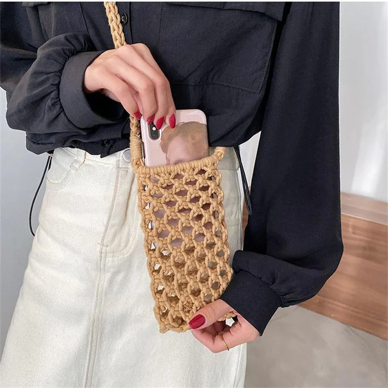 

Женская модная маленькая сумка через плечо для телефона, однотонная плетеная вязаная крючком легкая плетеная Сумка через плечо, сумка-месс...