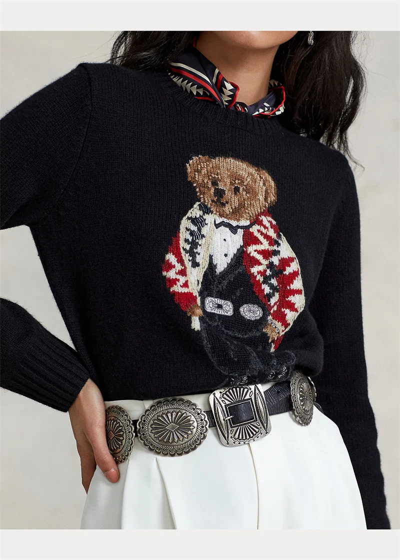 

Autumn and Winter RL Style Beaded Bear Knitted Sweater Women's Bottoming Shirt Trend Casual Pullover Knitted Sweater Pullover