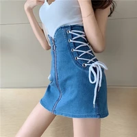 female lace up high waist zipper mini jean skirts women clubwear sexy warp slim vintage designer plus size pencil denim skirts