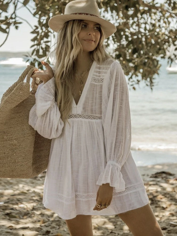 

Beach Cover Ups for Women White Summer Dresses Swimsuit Tunic V Neck Flare Sleeve Beachwear Bathing Suits