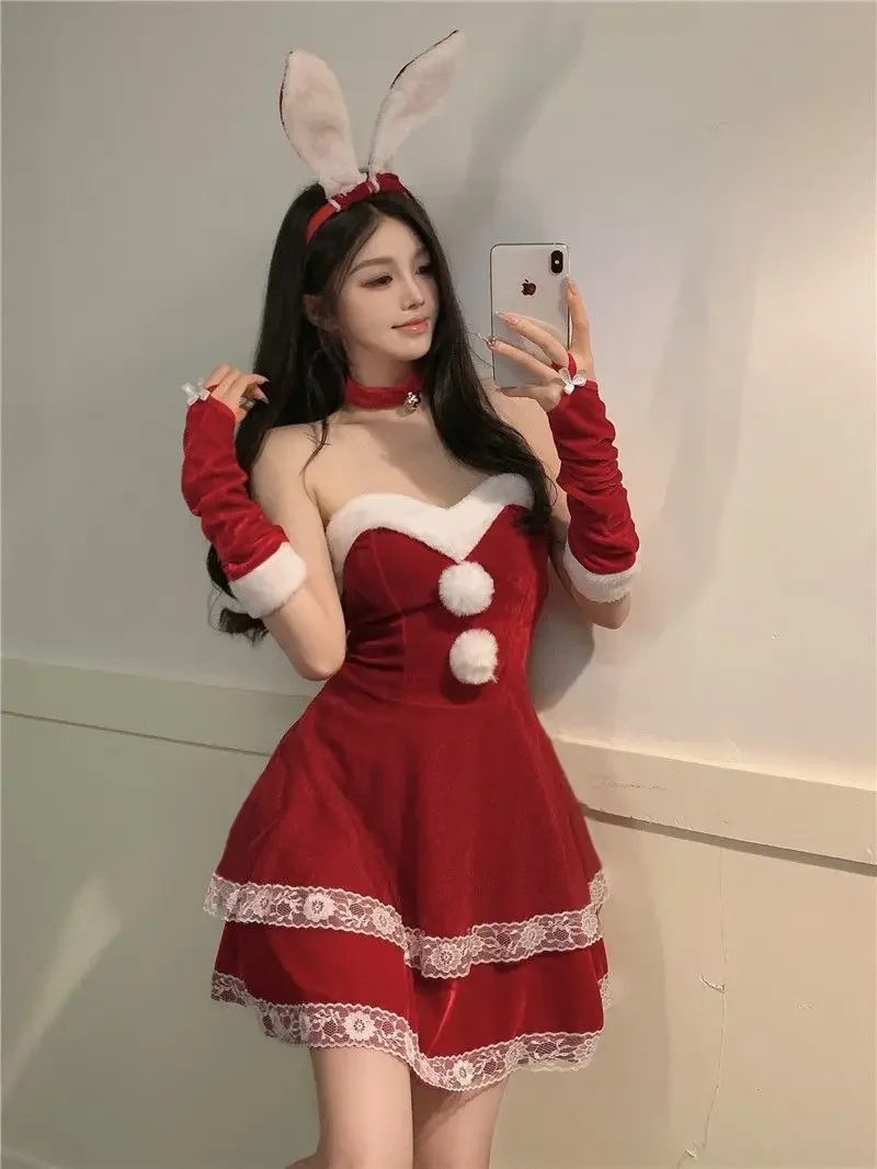 Women's Sexy Red Dress Set Six Pieces Christmas Cosplay Costumes Off-Shoulder Mini Kawaii Rabbit 2024 Winter Fashion