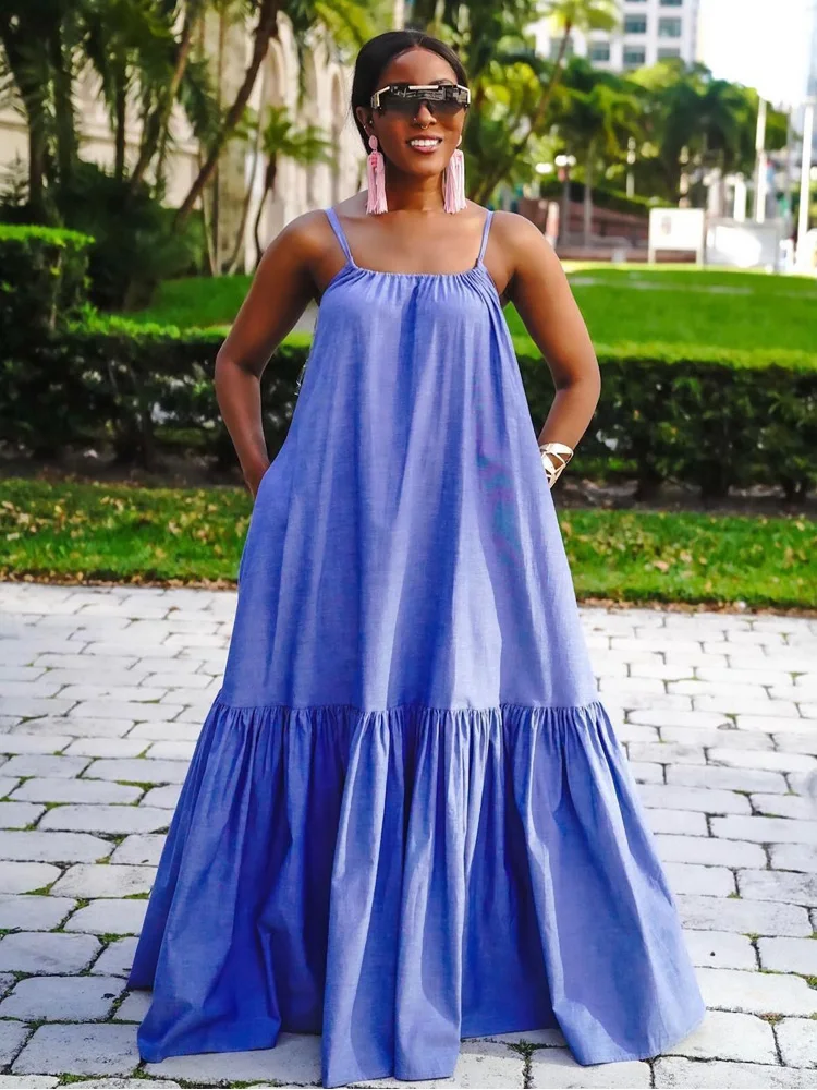 

Летние женские платья 2022, длинная юбка для городского отдыха из полиэстера, женское праздвечерние чное свободное синее платье на бретелька...
