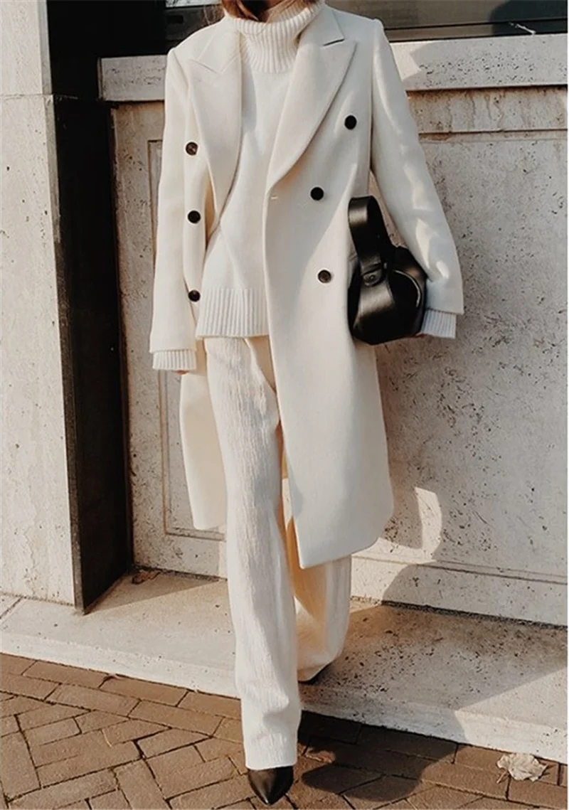 

Woolen Blends Winter Coat For Women Lapel Double-Breasted Office Lady Long Jackets Windbreaker 2023 Casual Female Coats White